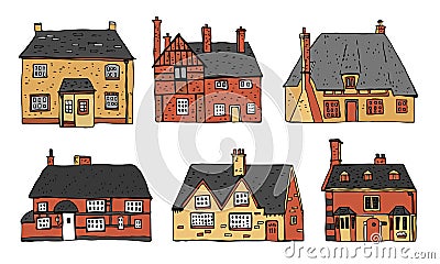 Old english village vector sketch hand drawn color illustration. Set of cartoon outline houses facades Vector Illustration